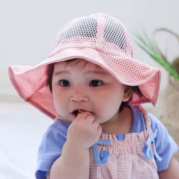 儿童帽子夏宝宝渔夫帽网眼透气婴儿太阳帽薄款男童女童防晒遮阳帽图