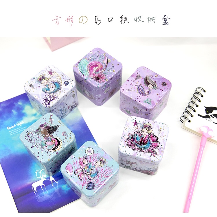 Square tinplate box Mermaid series candy box jewelry collection box