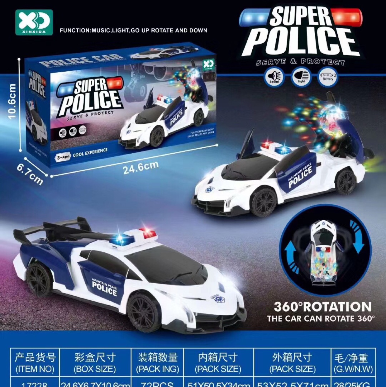 电动开门旋转警车批发72个一箱，一箱起发货