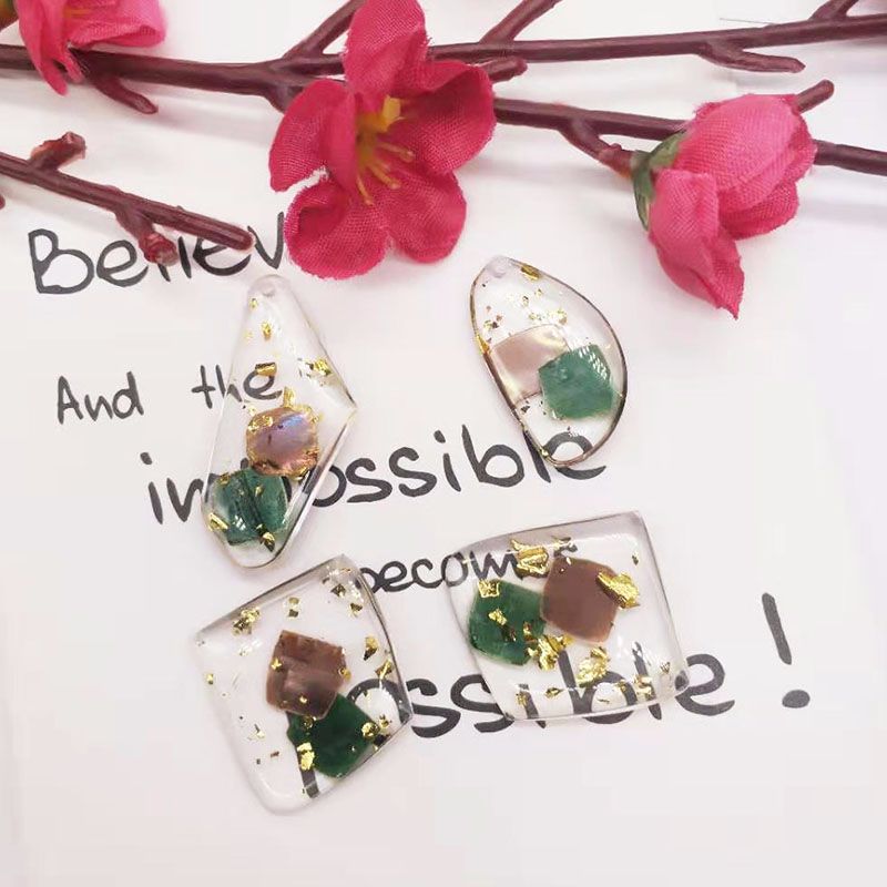 Handmade epoxy resin real flower gold foil new Korean small clear earrings, ear studs, ear clips, ear hooks DIY material accessories details Picture