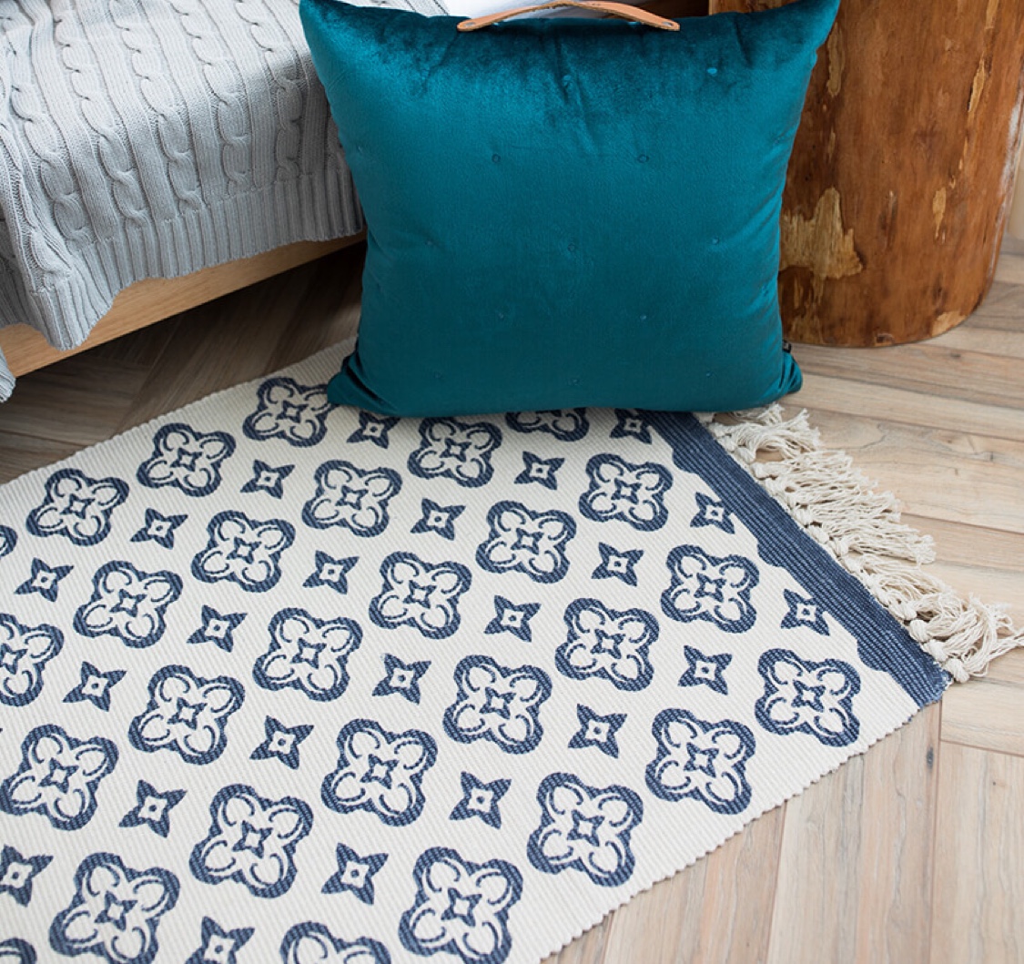 北欧风格百搭棉线编织丝网印花手工打结流苏地垫家用卧室床边脚垫细节图