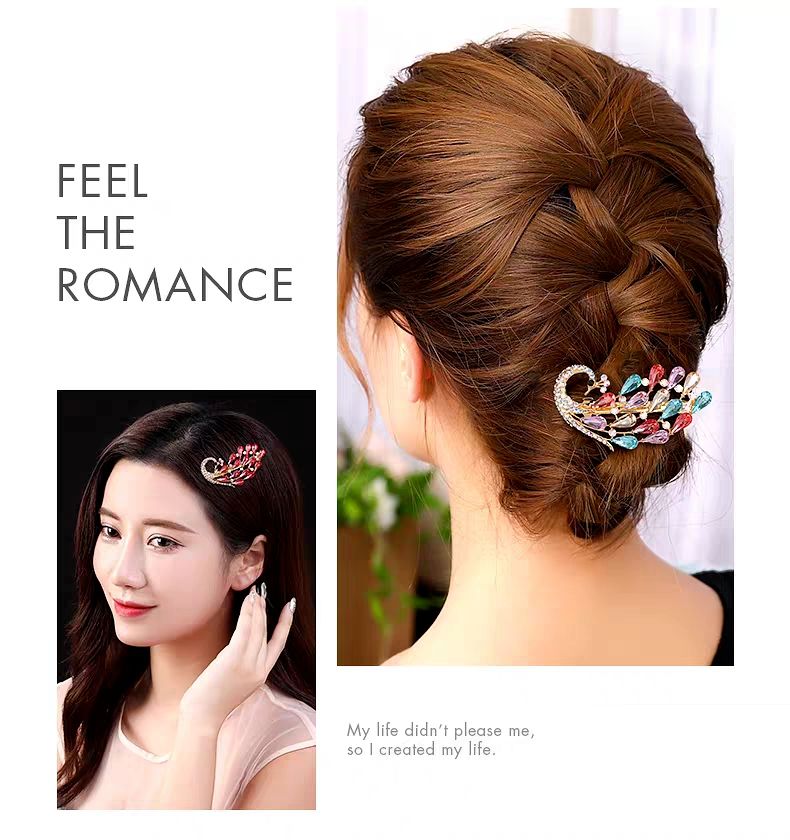 御妍头饰孔雀发夹水晶饰品韩版时尚发卡后胸勺半扎发饰网红女顶夹
