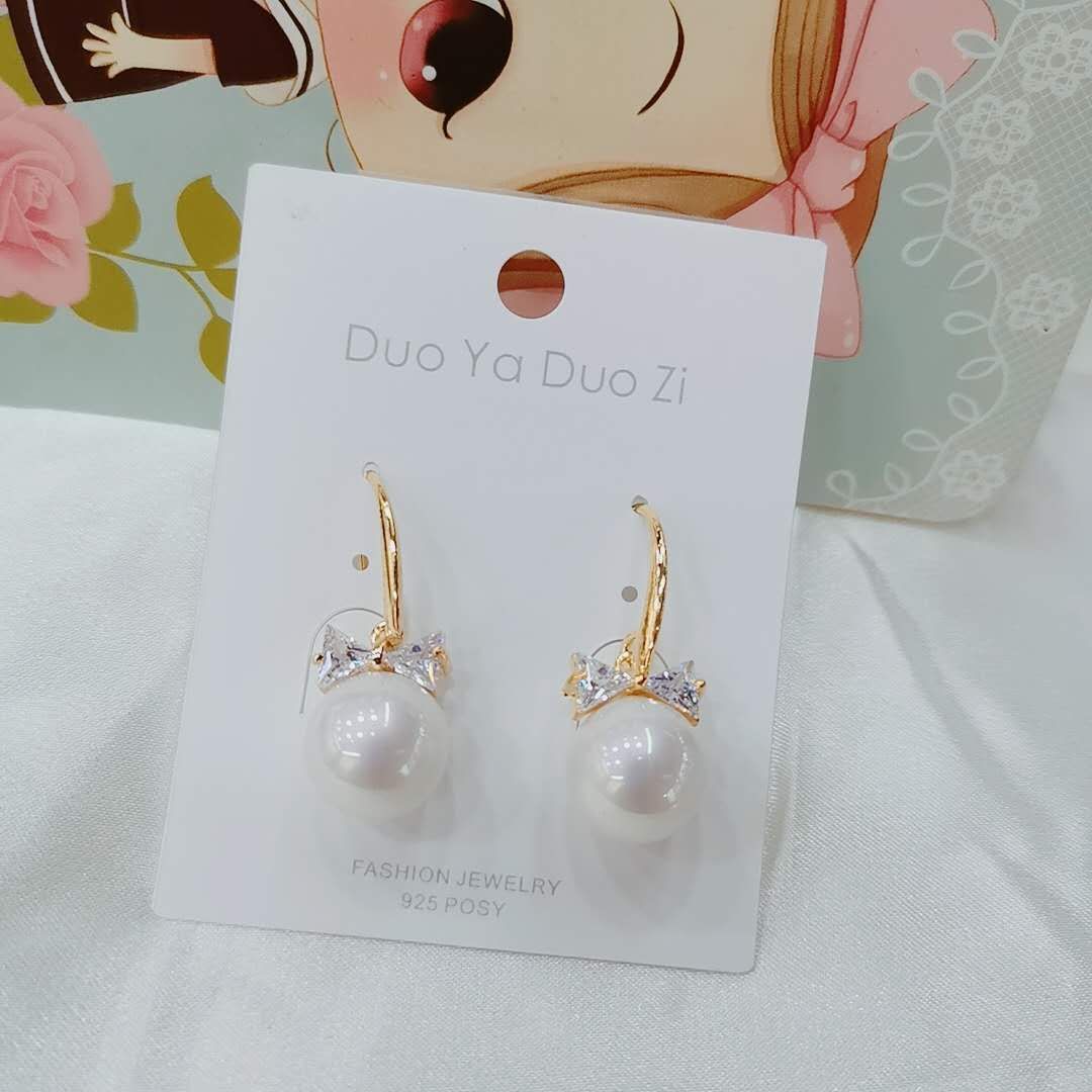 Korean version of simple bowknot pearl earrings silver needle earrings lovely sweet elegant earrings thumbnail