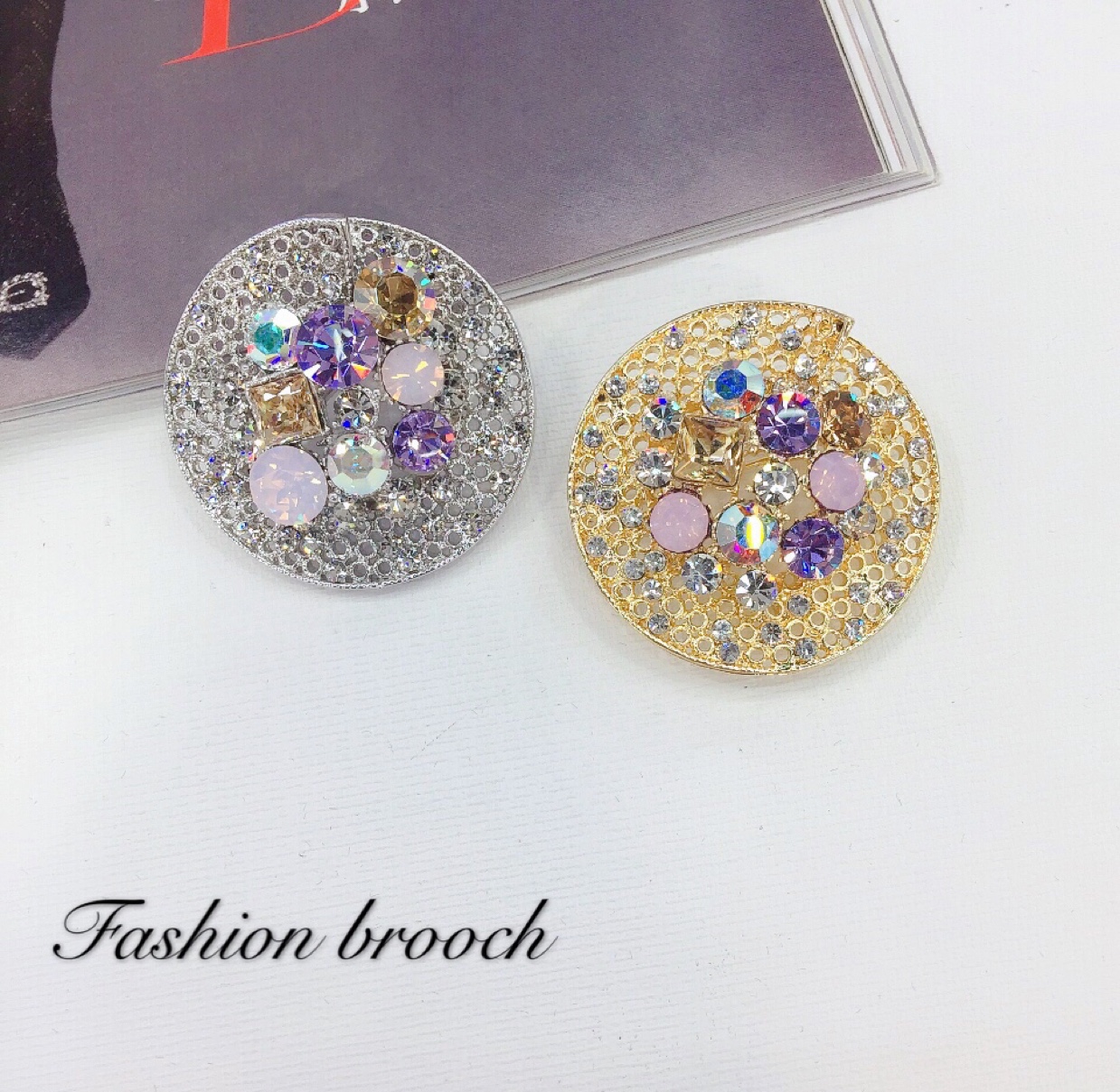 Gold and silver brooch for women set with diamond and crystal thumbnail