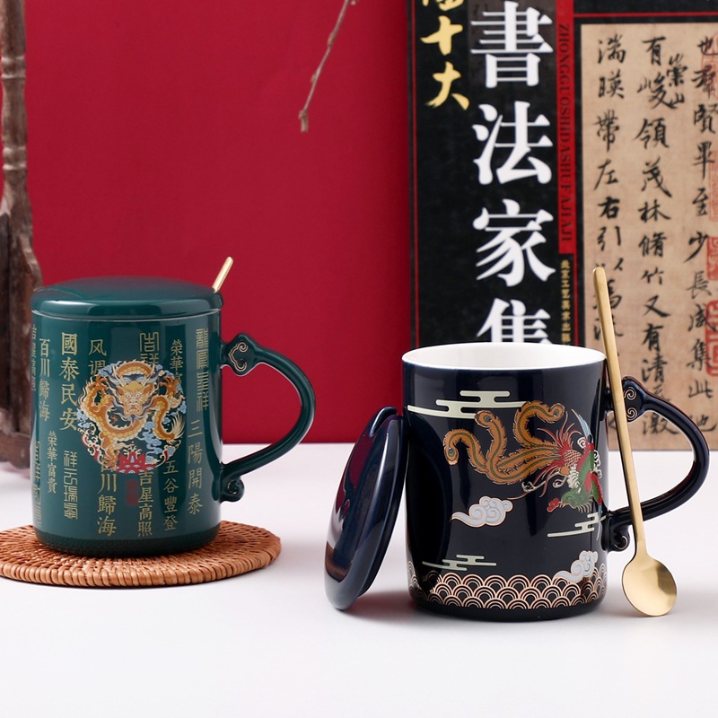 Chinese-style mugs, creative national trend ceramic cups, office covered spoon water cups, wedding souvenirs, couple gifts. Zhuoqiao 028 details Picture