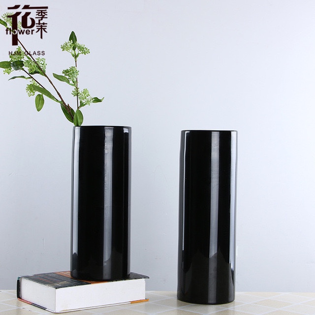 Modern and simple handcrafted black straight tube glass vase with open mouth, creative flower arrangement decorative item, living room dining table, factory direct sales and wholesale Specification image