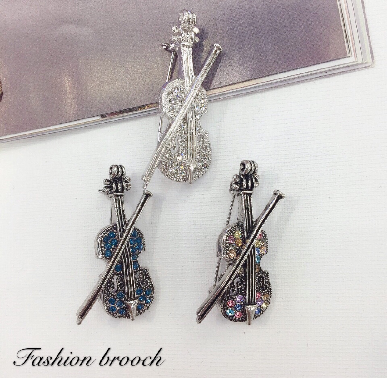 Violin brooch for women set in diamond and crystal silver thumbnail