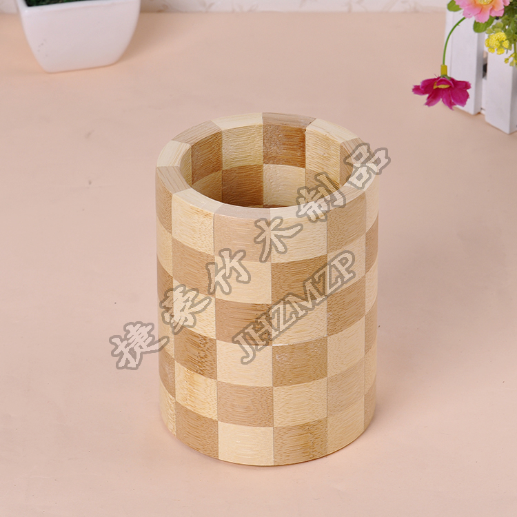 义乌好货 捷豪厂家直销古典格子竹质笔筒筷笼防滑工艺笔筒详情图2