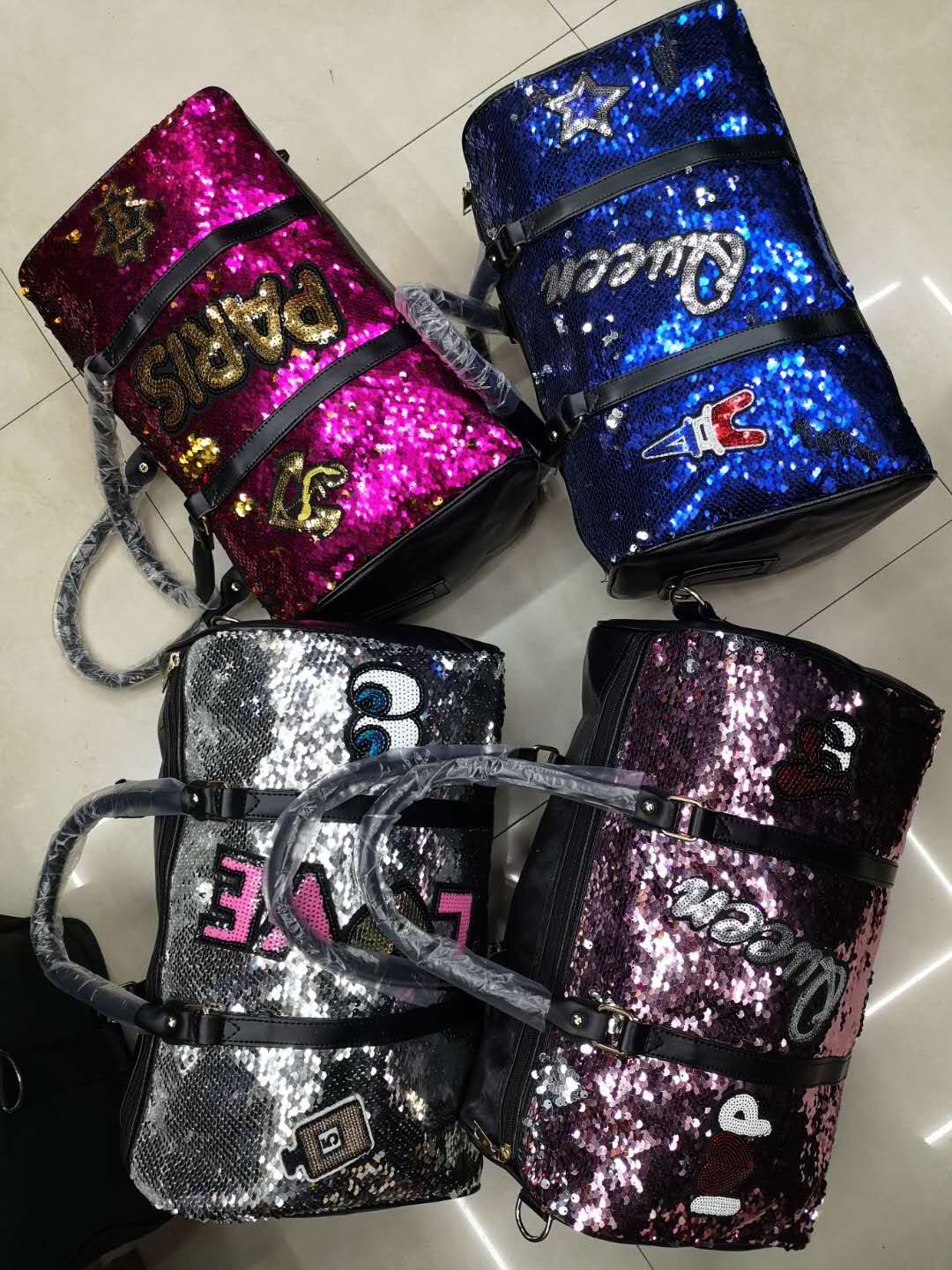 时尚亮片休闲手提包，大号桶包旅行包，可以自选商标，现货颜色多细节图