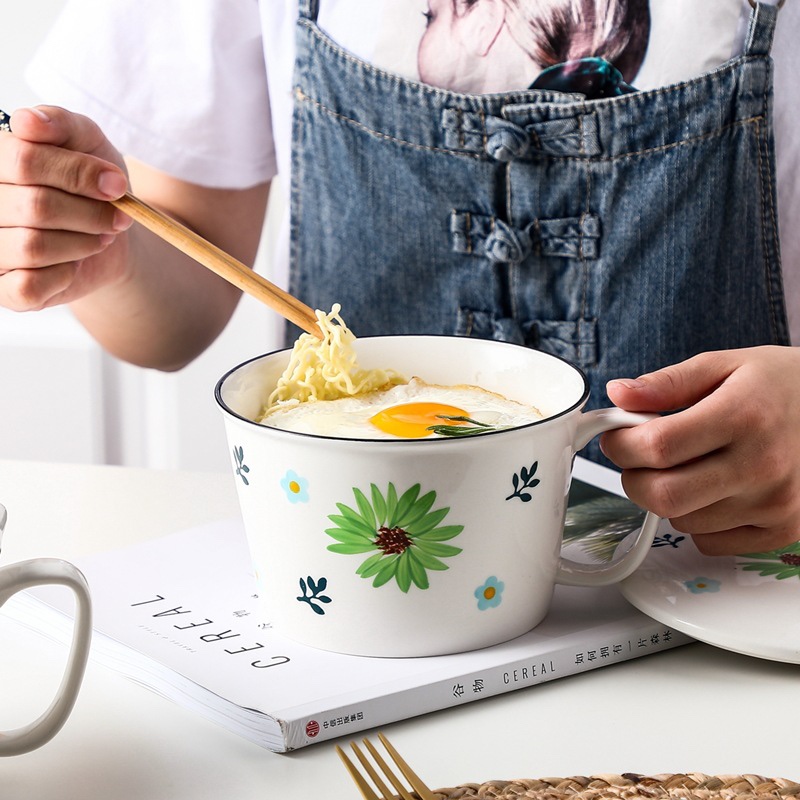 Ceramic hand-painted instant noodle bowls, student dormitory instant noodle bowls, household soup bowls with LIDS, breakfast fruit salad tableware, Zhuoqia 077 Specification image