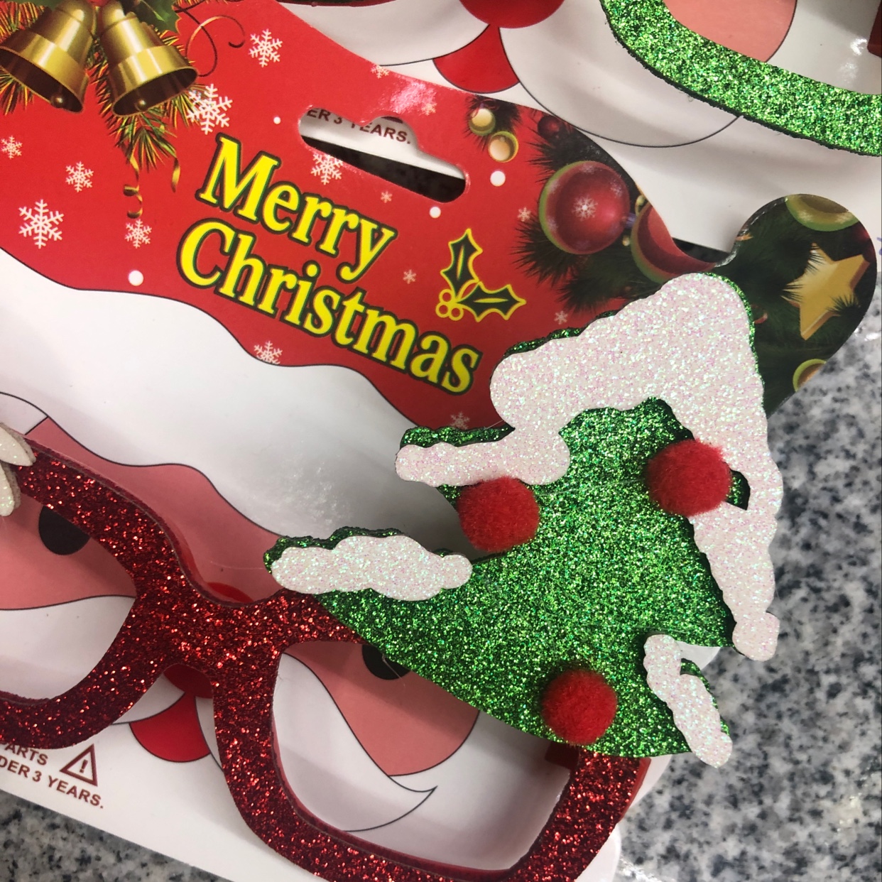 Christmas glasses, bright pink Santa Claus and deer, snowman and Christmas tree Specification image