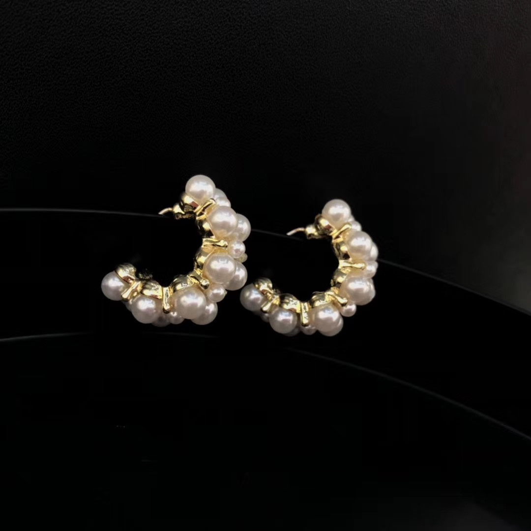 C型耳钉镶珍珠气质耳环