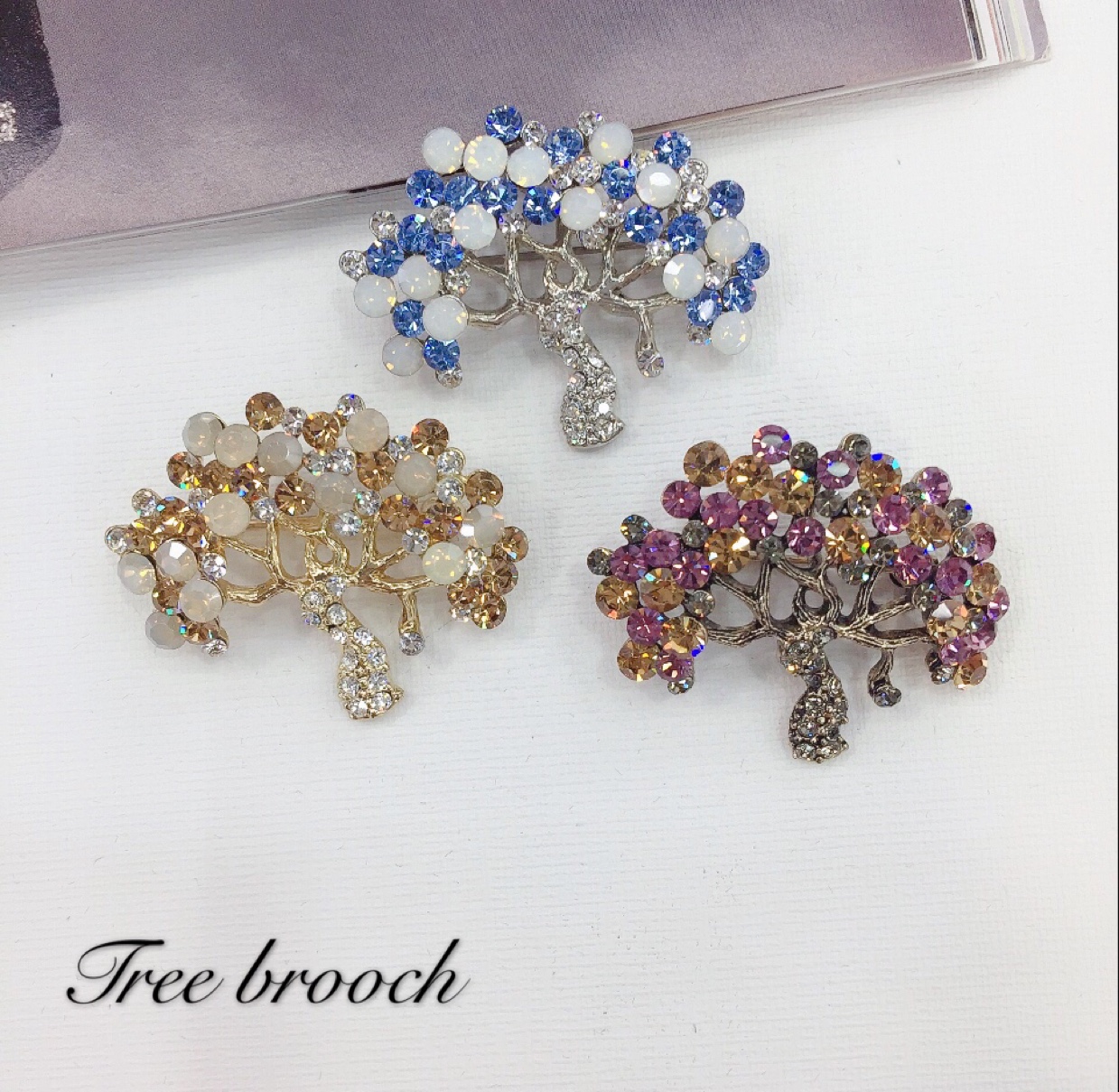 New tree - shaped green brooch set in diamond and crystal silver thumbnail