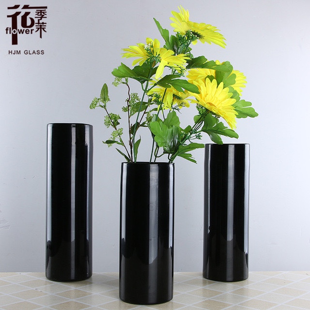 Modern and simple handcrafted black straight tube glass vase with open mouth, creative flower arrangement decorative item, living room dining table, factory direct sales and wholesale details Picture