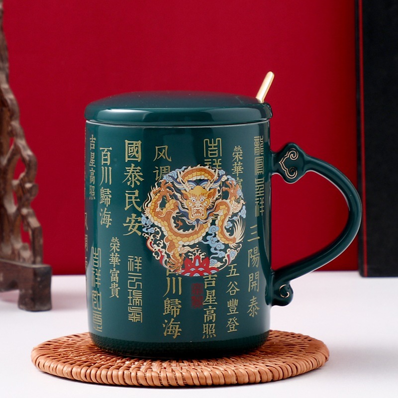 Chinese-style mugs, creative national trend ceramic cups, office covered spoon water cups, wedding souvenirs, couple gifts. Zhuoqiao 028 Specification image