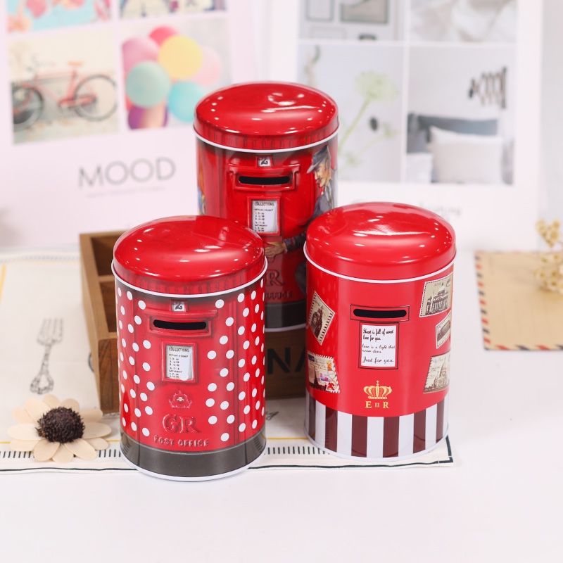 Cylindrical oil drum retro red piggy bank children's piggy bank multifunctional tin box thumbnail