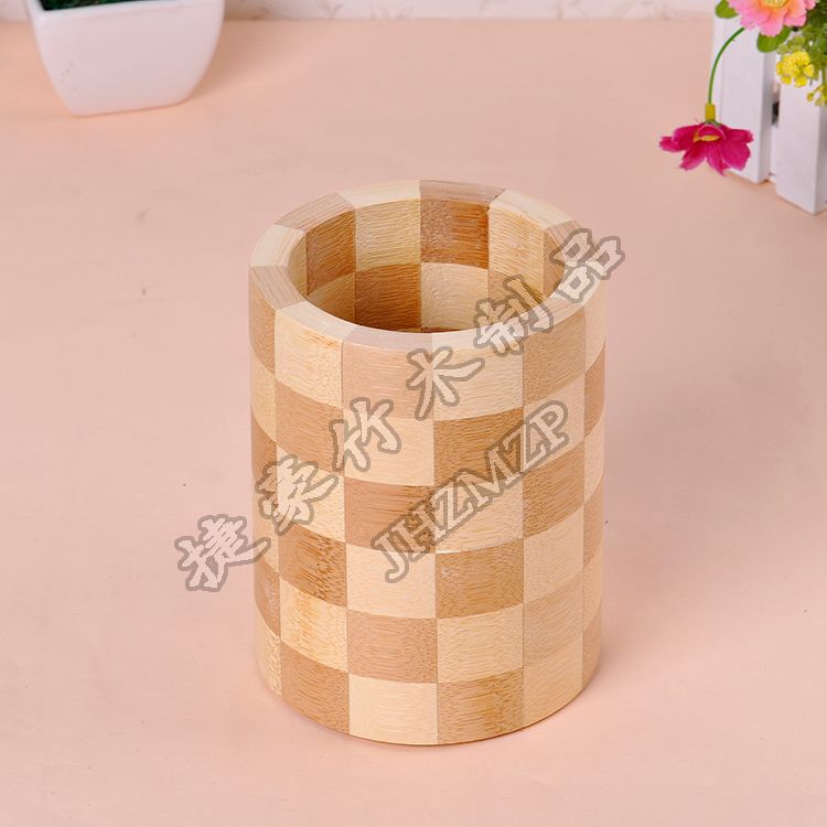 义乌好货 捷豪厂家直销古典格子竹质笔筒筷笼防滑工艺笔筒
