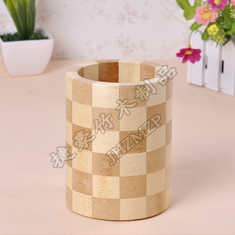 义乌好货 捷豪厂家直销古典格子竹质笔筒筷笼防滑工艺笔筒详情图1