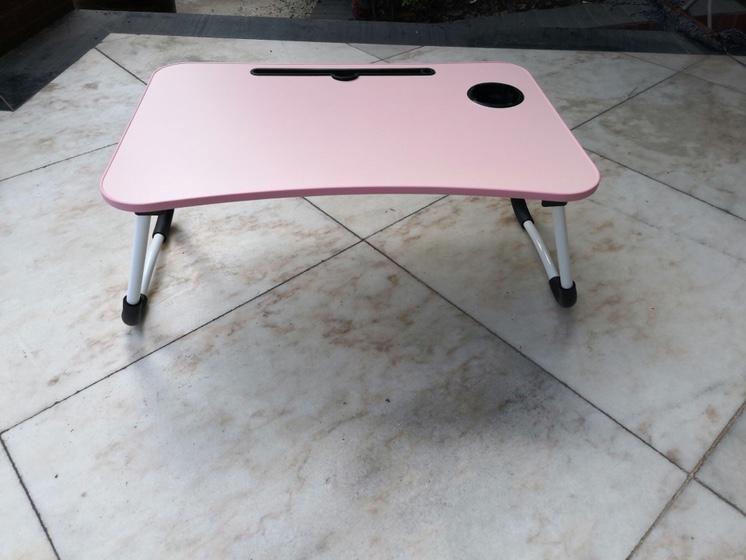 A small desk on the bed, a folding computer desk and a lazy desk details Picture