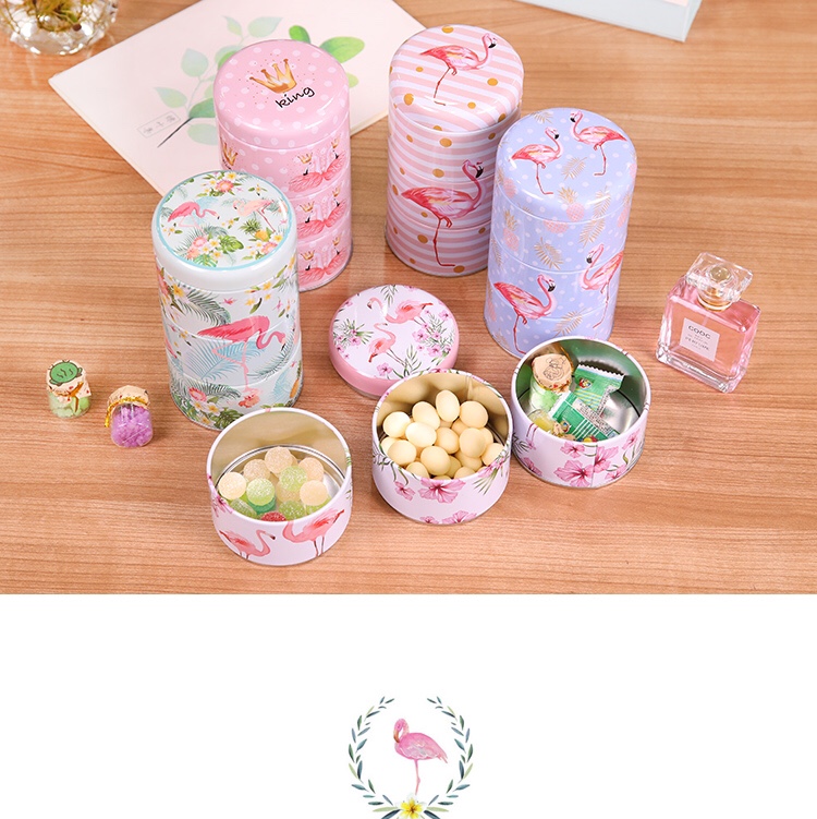 Three-tier tinplate cylindrical cans Flamingo round cans candy box jewelry earring box thumbnail