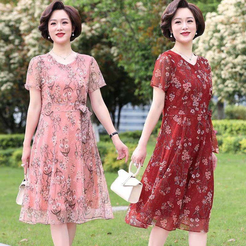 Middle-aged and elderly women's dresses in the long dress plus fat plus size middle-aged mothers dress knee skirts short sleeved summer dress thumbnail
