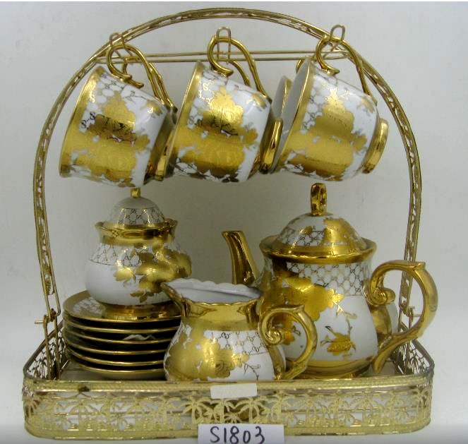 陶瓷欧式15头金色茶具配金色展示架杯子容量:220ML