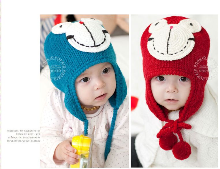 新韩版青蛙 帽宝宝护耳双球针织帽 手工帽新款 婴儿帽子图