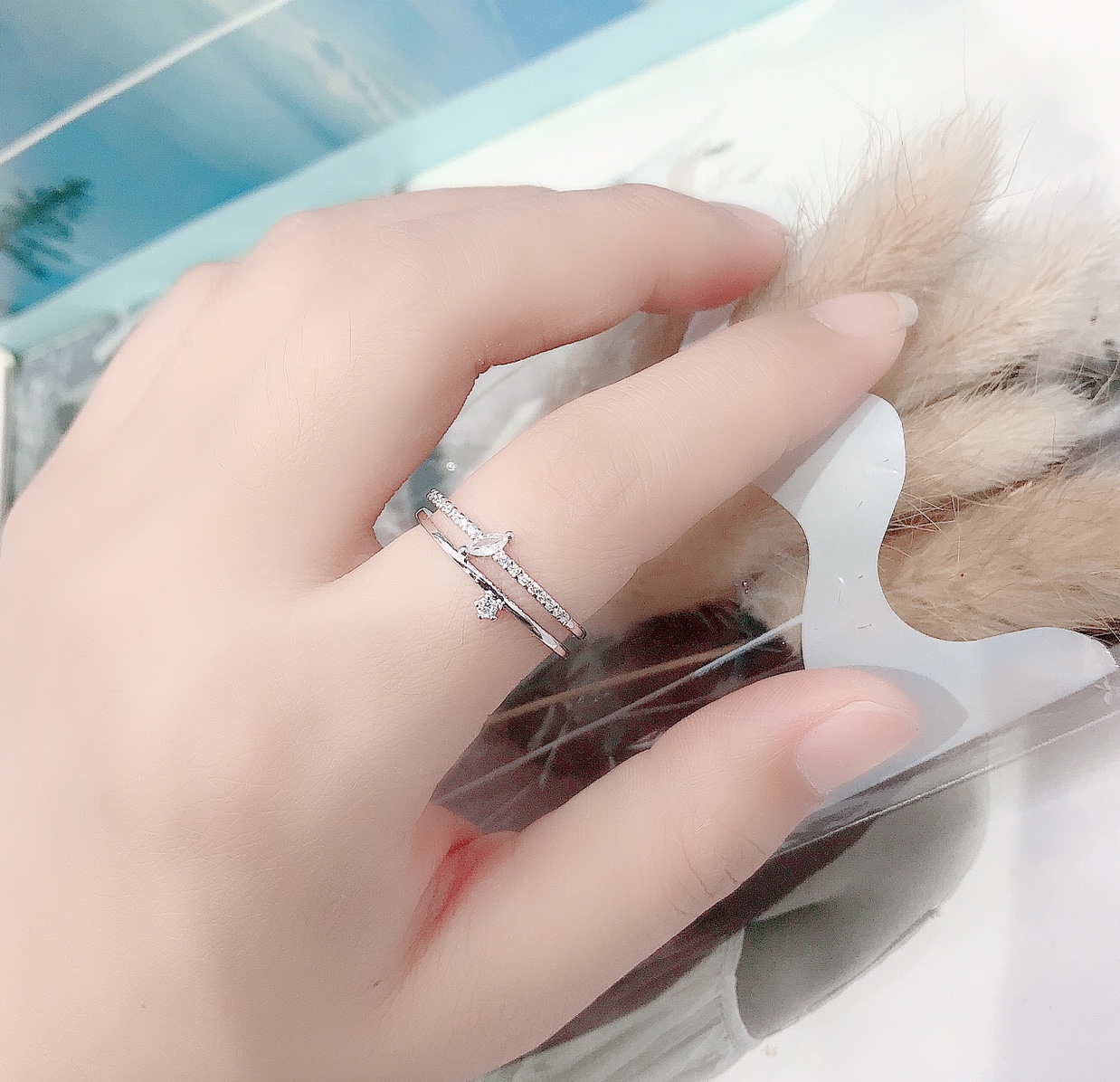 A double-layer ring with micro-inlaid sparkling diamonds and water drops, an open female, Japanese and Korean trendy student index finger ring, a popular accessory from Xin Mingyang Specification image