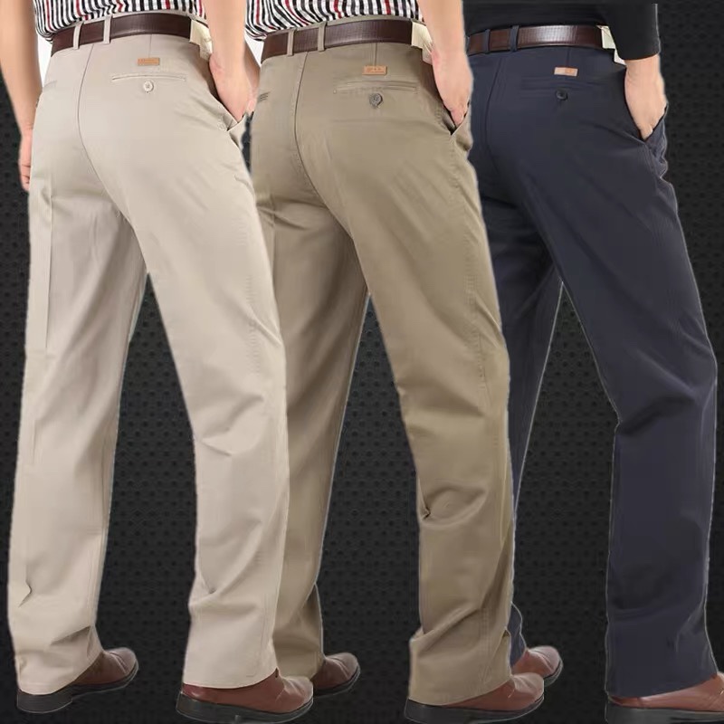 Middle-aged and elderly casual pants men high waist deep crotch large size loose pure cotton double pleats in the elderly pants spring and autumn dad wear thumbnail
