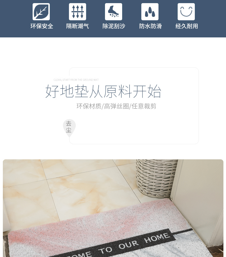INS北欧风PVC丝圈地垫脚垫清新简约进门入户防滑门垫家用卧室地毯详情图2
