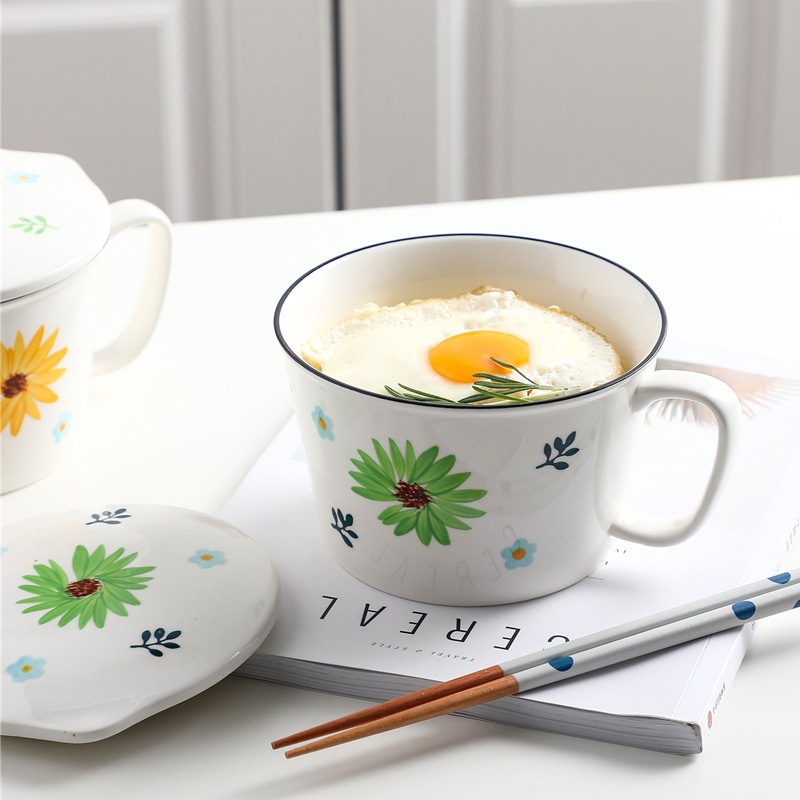Ceramic hand-painted instant noodle bowls, student dormitory instant noodle bowls, household soup bowls with LIDS, breakfast fruit salad tableware, Zhuoqia 077 details Picture