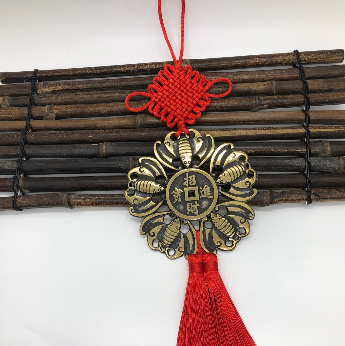 工艺品挂件批发 10盘结黄铜五福临门双穗挂件琳烺001