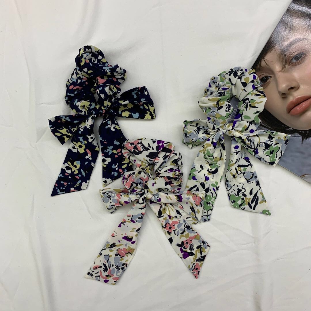 Japanese department of small fresh graffiti broken flower long bow tie ribbon large intestine ring cloth art hair ring thumbnail