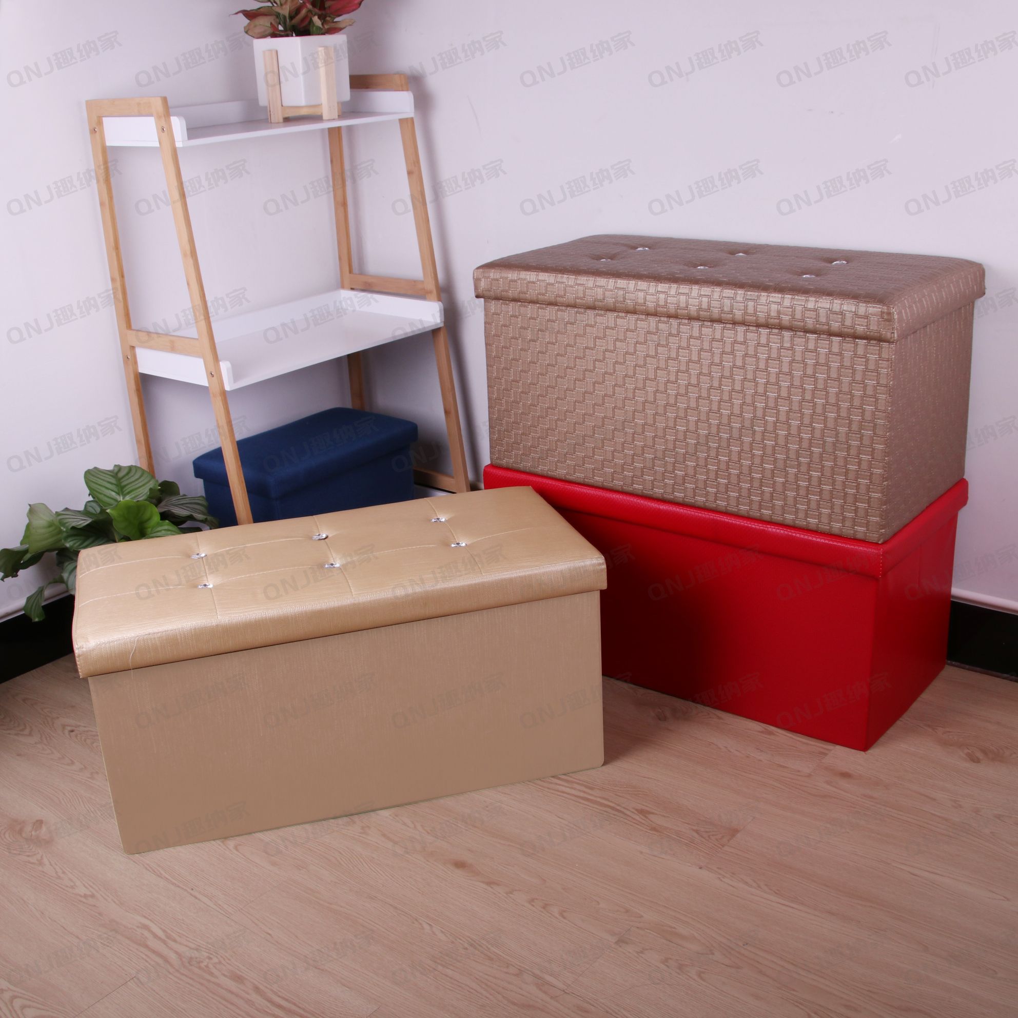 外贸热销皮质收纳凳折叠家用收纳箱水晶扣多功能储物凳置物凳可坐