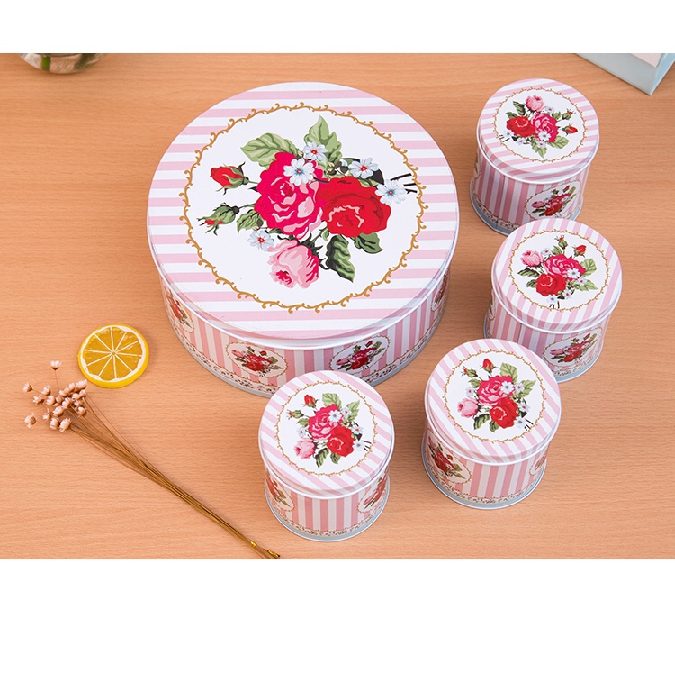 Set of five tin cans round candy jar sundry storage box cookie box gift box thumbnail