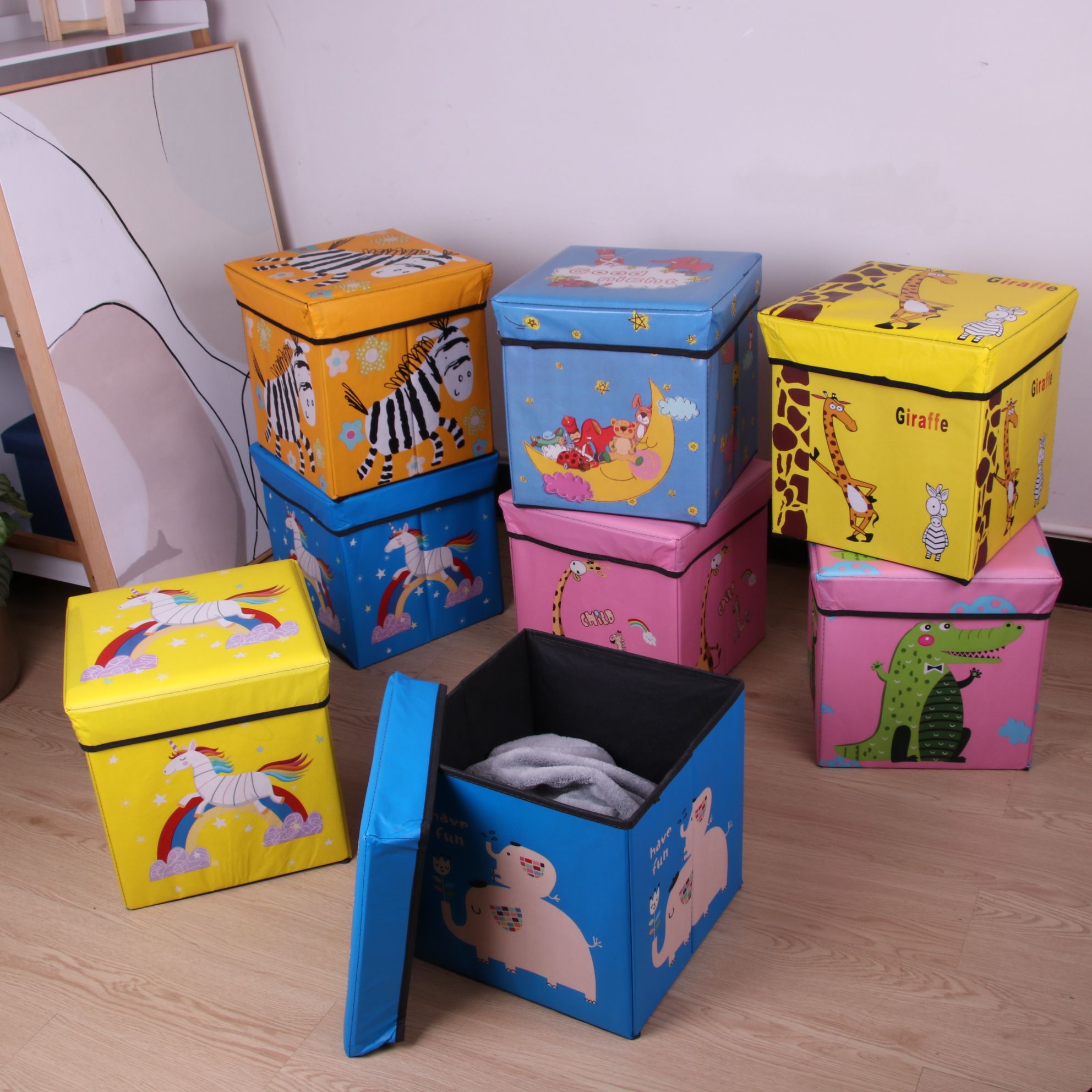 Laminated cartoon storage box Non-woven children's toy storage box foldable clothing organizer snack storage stool