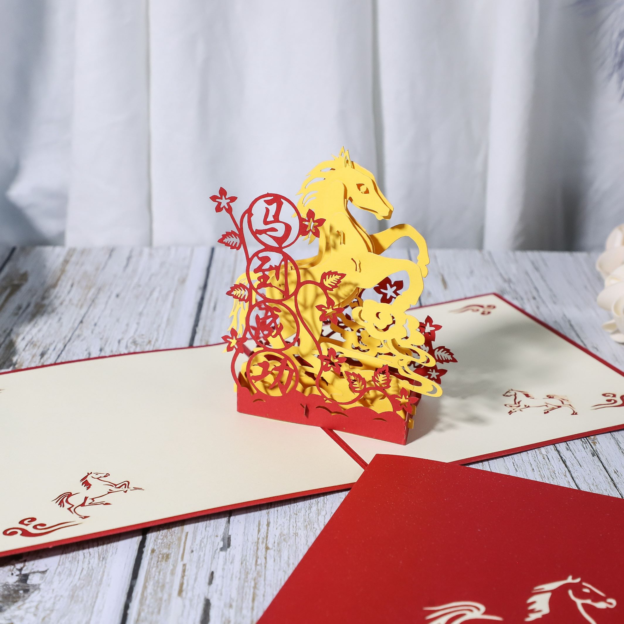 新年3D立体贺卡 手工纸雕复古马到成功祝福卡片 创意纸雕镂空贺卡