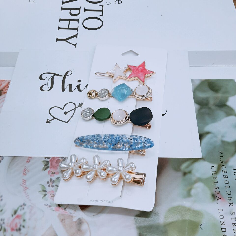 Korean Internet celebrity pearl hair clips, retro candy-colored diamond-encrusted flower smiling face five-pointed star side clip duckbill-shaped hair accessory