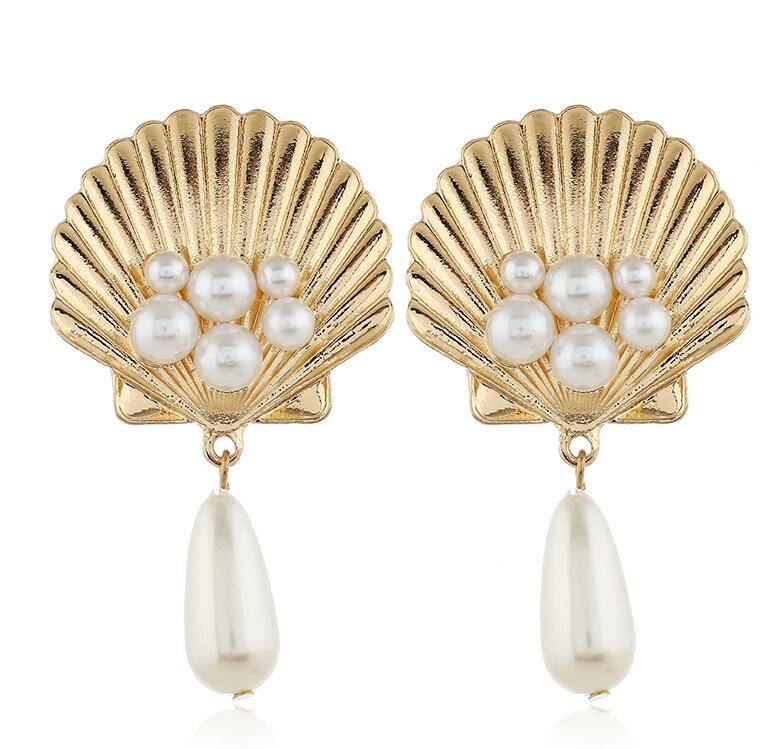 欧美夸张时尚珍珠贝壳型合金耳钉
