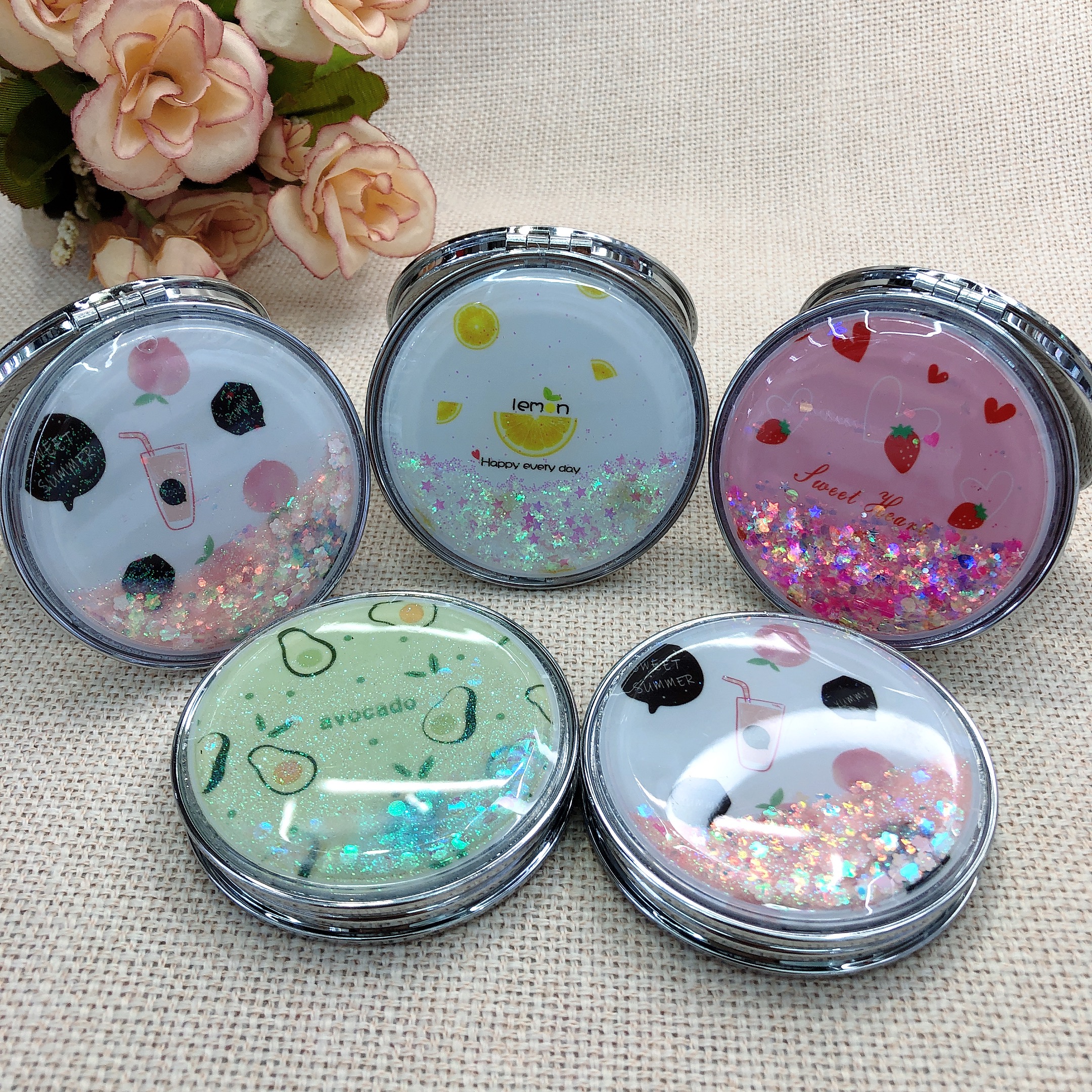 网红流沙可爱镜子软妹粉嫩学生双面镜便携迷你随身镜子补妆化妆镜详情图4