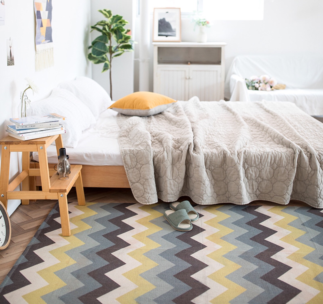 名杨织秀北欧风棉线编织数码印花大地毯家用客厅地垫卧室床边毯白底实物图