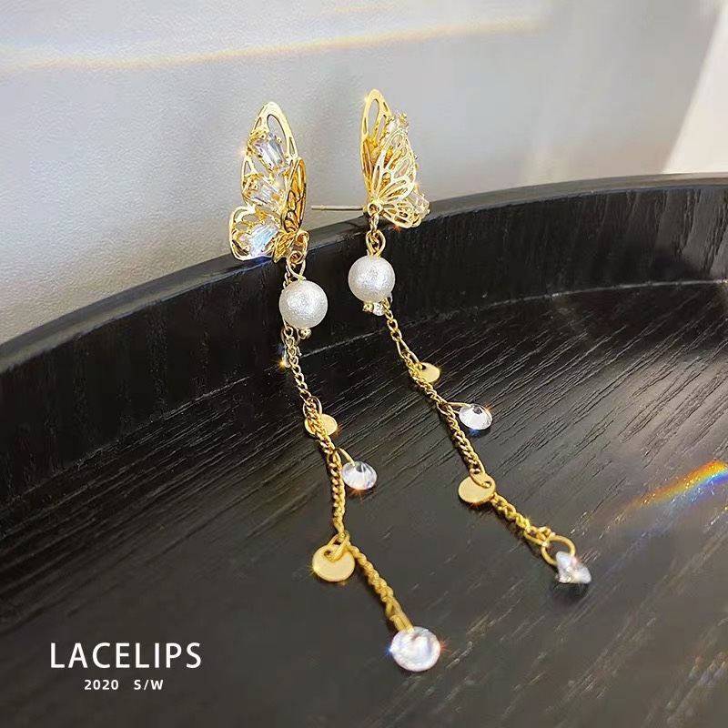 Fairy long tassel earrings - female crystal pearl butterfly earrings web celebrity temperament exaggerated earrings thumbnail
