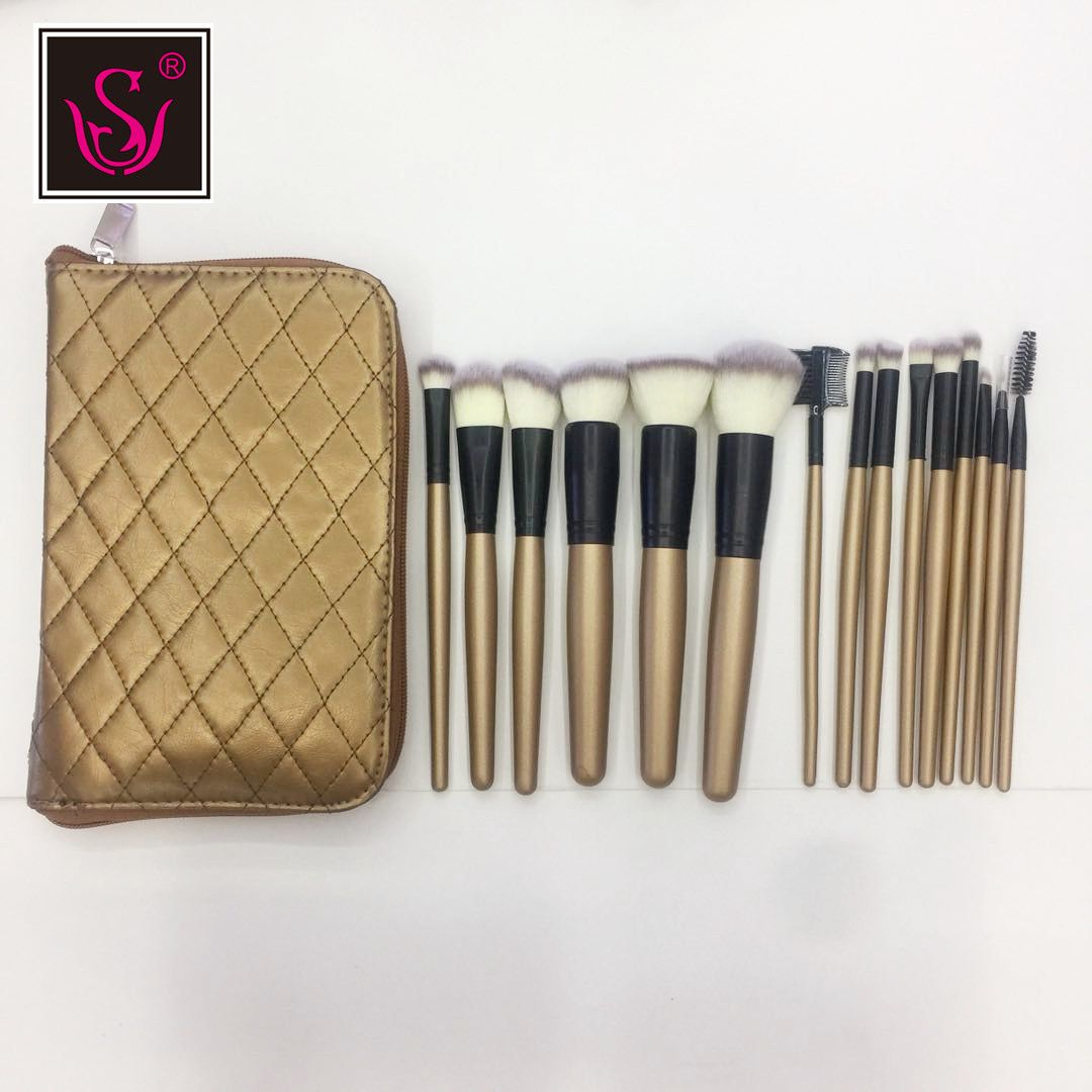 Shenglianqiu's best-selling 15-piece makeup brush set, a high-end wooden handle with a golden zipper bag, is a makeup brush tool details Picture