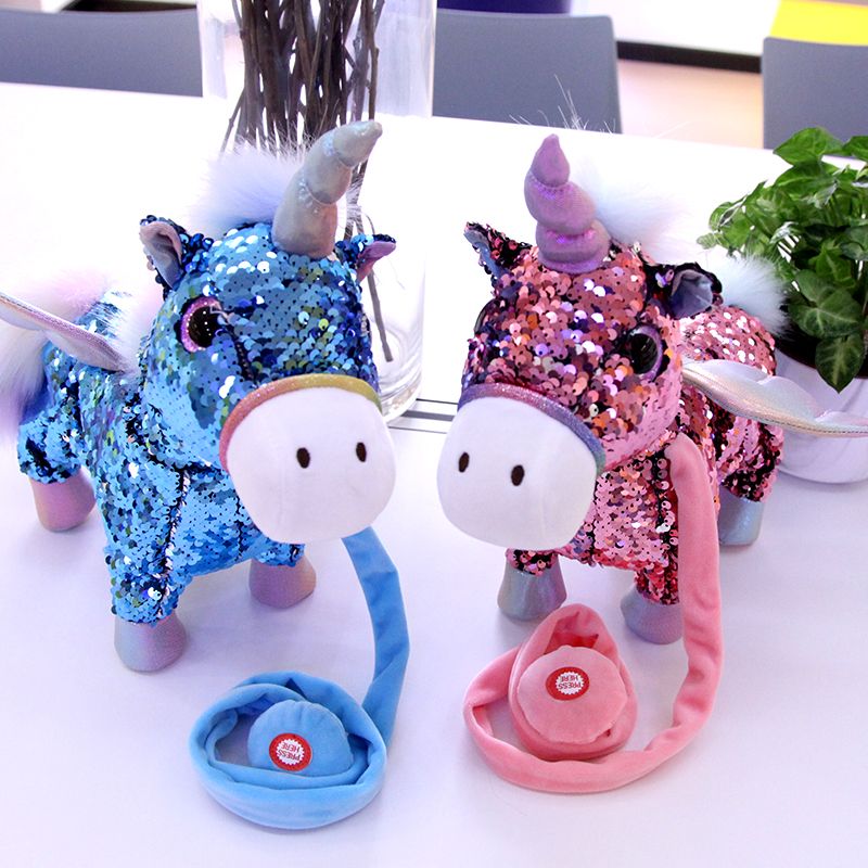 Sequined unicorn can sing, lead a rope, walk and twist its bottom electric plush toy wholesale