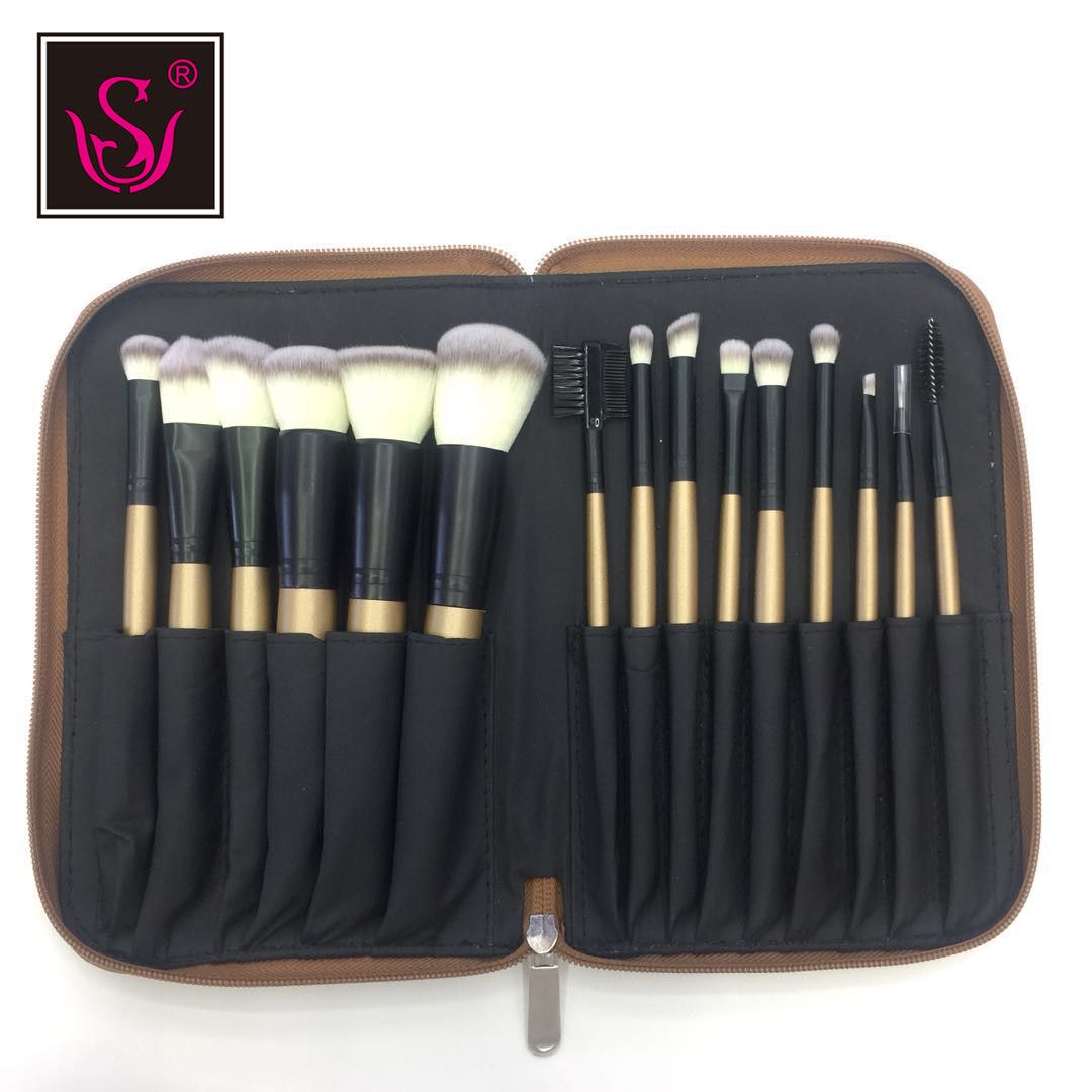 Shenglianqiu's best-selling 15-piece makeup brush set, a high-end wooden handle with a golden zipper bag, is a makeup brush tool