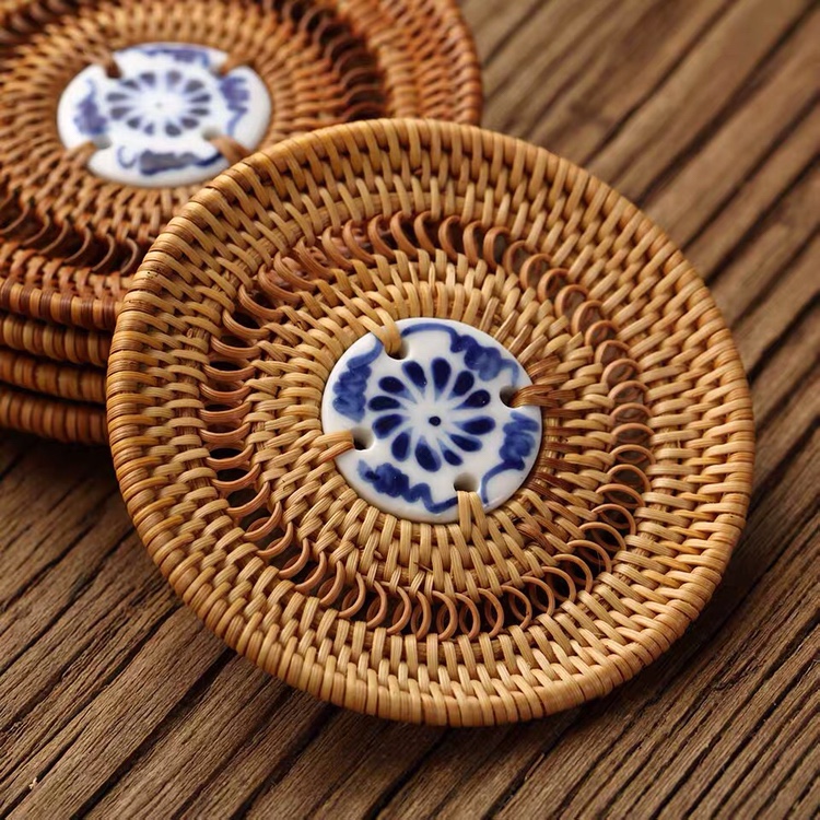 天然纯手工越南藤编镂空瓷片杯垫8cm