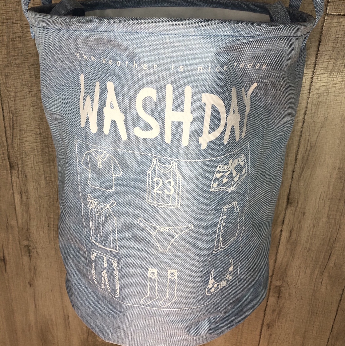 超大号带束口圆桶收纳 蓝底印WASH DAY花纹图