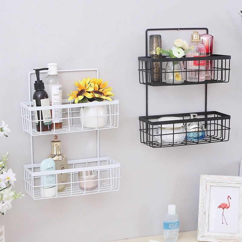 卫生间墙上双层免打孔厕所浴室收纳架洗漱台铁艺收纳架A796白底实物图