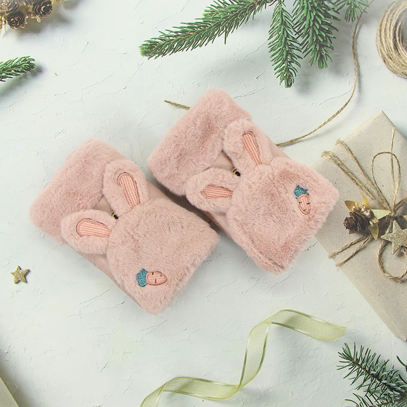 Sulwhasoo gloves Winter lady flip cover radish embroidery rabbit half finger leather youth warm writing gloves thumbnail