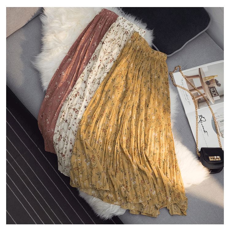 Floral print skirt for women 2020 summer, thin chiffon A-line skirt, high-waisted mid-length skirt with pleats and large swing detail image 5